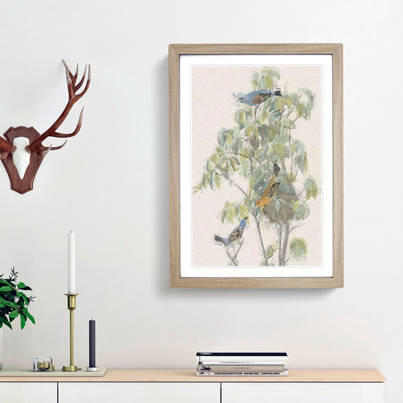 Blue Grosbeak Birds by John James Audubon - Picture Frame Painting Print, 65cm H x 48cm W x 2cm D, Oak Framed