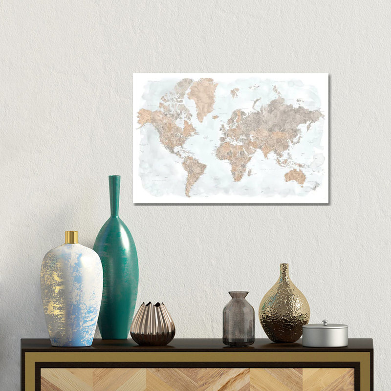 Carte du monde à l'aquarelle très détaillée, giclée sur toile tendue avec galerie Calista, H 12 po x l 18 po