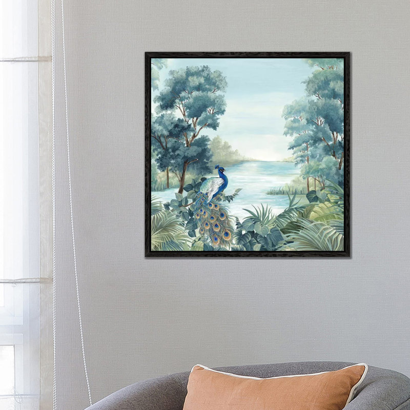 Peafowl by Eva Watts - Painting on Canvas, 66.04cm H x 66.04cm W x 3.81cm D, Black Framed