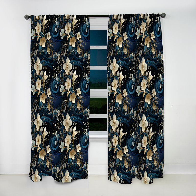 Rideau obscurcissant en marbre bleu minuit et doré à motif floral I - 1 panneau, L 52 po x L 120 po