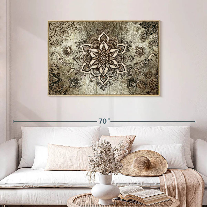 Mandala sur bois brun, Cadre flottant en bois naturel, 43 po x 29 po