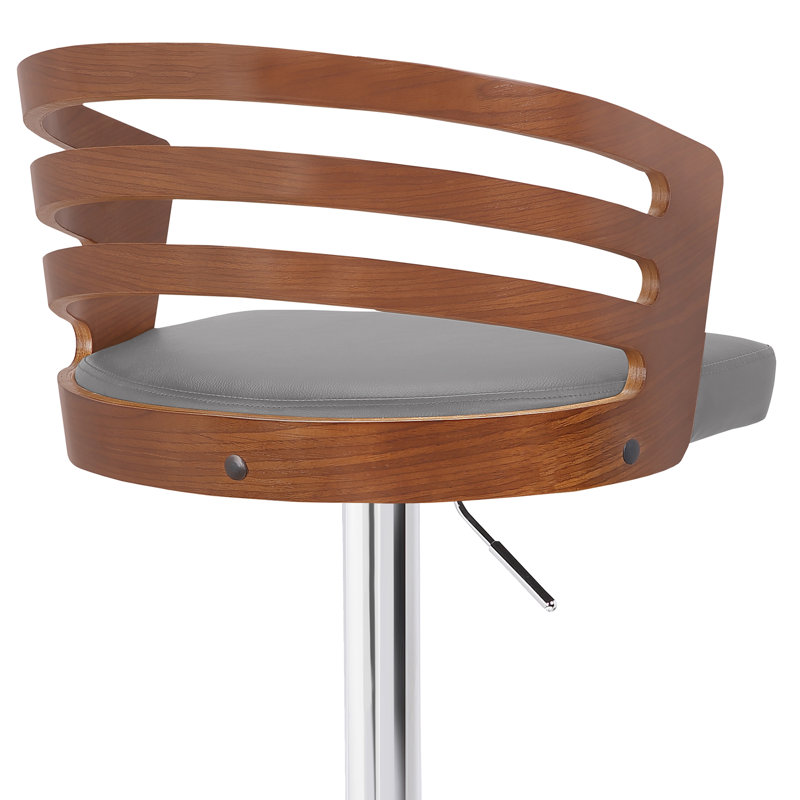 Hancock Swivel Adjustable Height Barstool with Pedestal Base in Faux Leather, Wood and Metal, Grey, Chrome , Walnut Wood