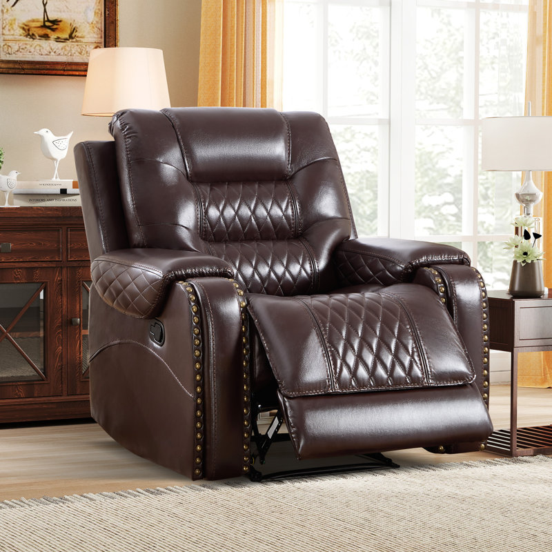 34.6'' Wide Modern Upholstered Faux Leather Manual Recliner Chair With Quilted Stitching & Nailhead Trim, Dark Brown