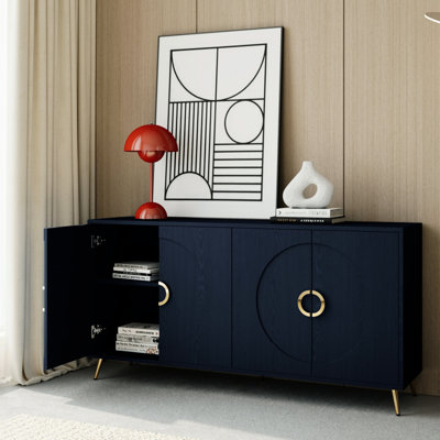 Navy Blue 4 Door Wooden Cabinet Sideboard Buffet Server With Adjustable Shelves For Kitchen And Dining, Living Room, Entryway, Hallway, Office Storage Stable Structure Hallway
