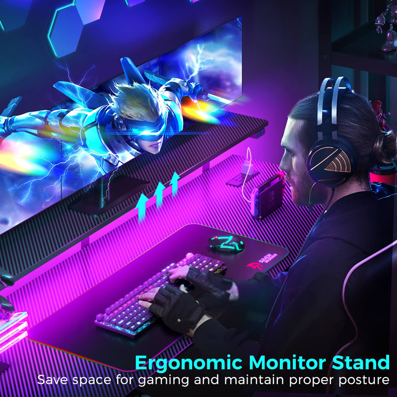 Gaming Desk with LED Lights & Power Outlets, Computer Desk with Monitor Shelf, 34.20" H x 47.20" W x 19.70" D