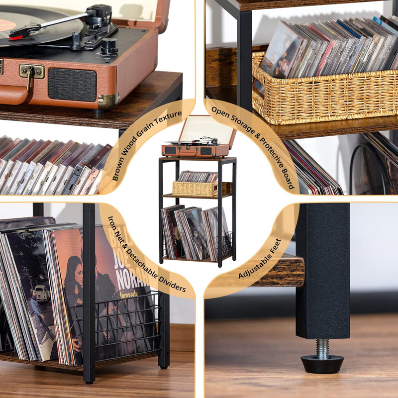 3 Tier End Table,Record Player Stand with Storage Up to 100 Albums,Turntable Stand for Vinyl