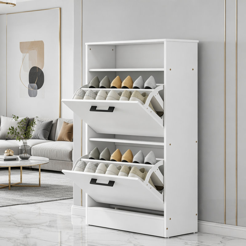 Armoire à chaussures mince avec 2 tiroirs rabattables et séparateurs réglables pour un rangement et un rangement efficaces dans l'entrée