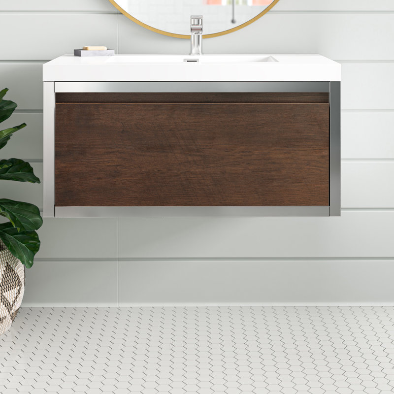 Hillar 35.44'' Single Bathroom Vanity with Reinforced Acrylic Top, Rosewood