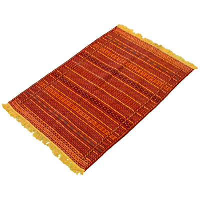Tapis rouge foncé / orange en laine fabriqué à la main Kilim