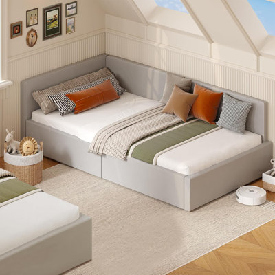 Twin daybed  with Removable Headboard,Corner Bed Frame with Bed Rails,Velvet Upholstered Sofa Bed,Wooden Slats Support,Upholstered Daybed for Bedroom