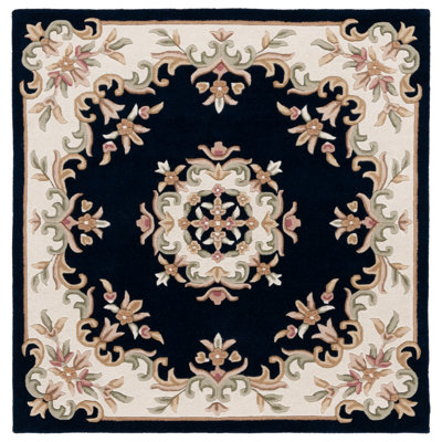Steller Aubusson Hand Tufted Wool/Cotton Floral Rug in Ivory/Navy