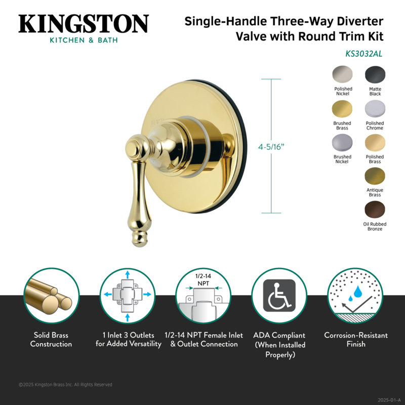 Kingston Brass Single-Handle Wall Mount Three-Way Diverter Valve with Trim Kit, Oil Rubbed Bronze