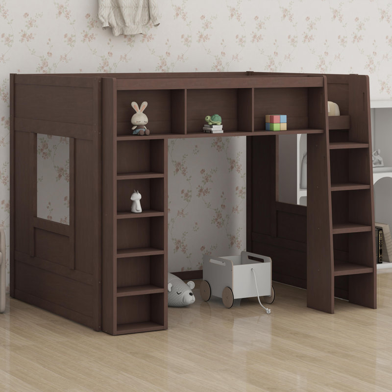 Lit mezzanine en bois avec armoires de rangement et tablettes, Brown
