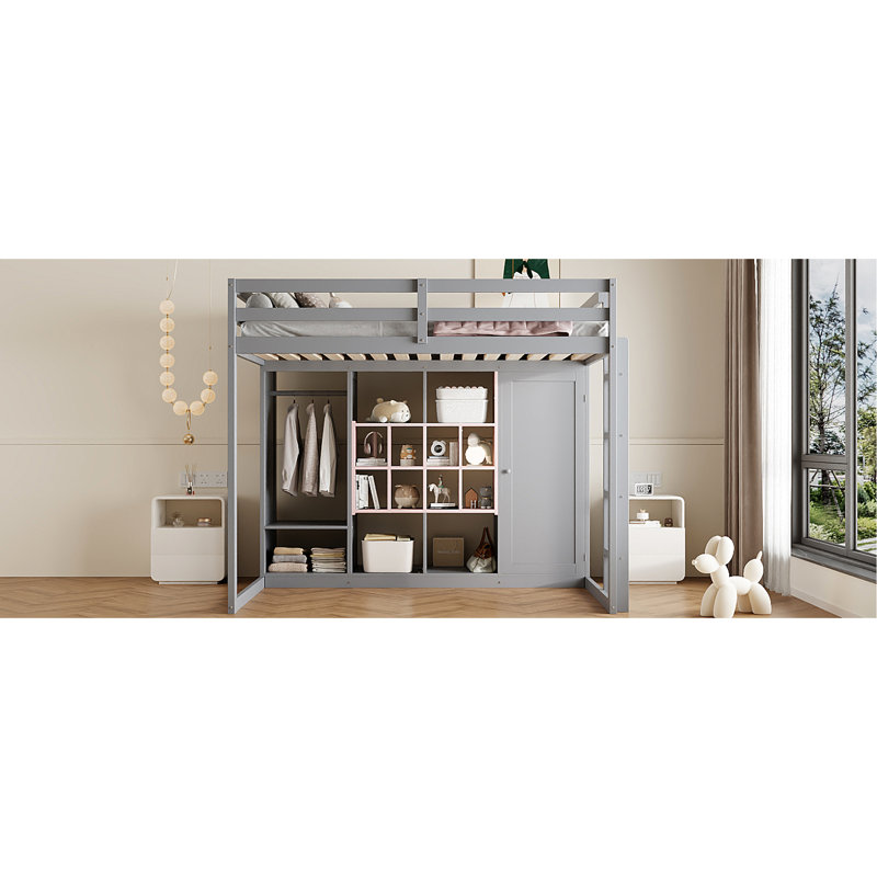 Gray+Pink Solid Wood+ Full Size Loft Bed, Ideal For Modern Bedrooms, Smart Storage With Cabinet And Shelves, Reversible Staircase, 65"H Tall Bed In Gray+Pink, Featuring Slats - Length Guardrails,