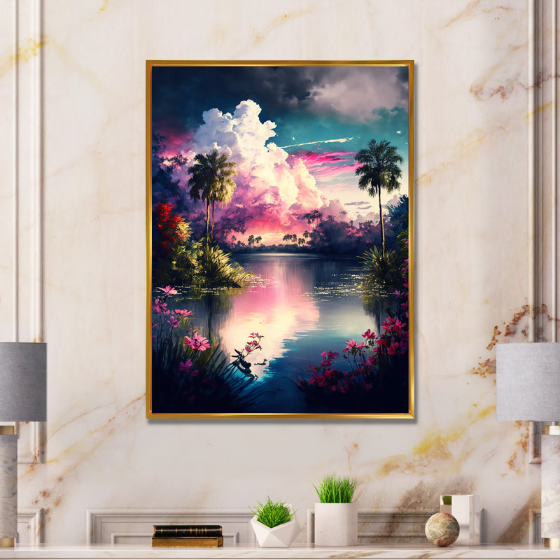 «Cissell Beautiful Sunset Over A Tropical Lake III», reproduction sur toile, L 16 po x H 32 po, Cadre flottant doré