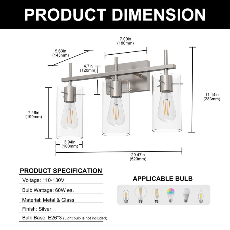 Luminaire de salle de bain 3 lumières pour salle de bain Farmhouse, Nickel