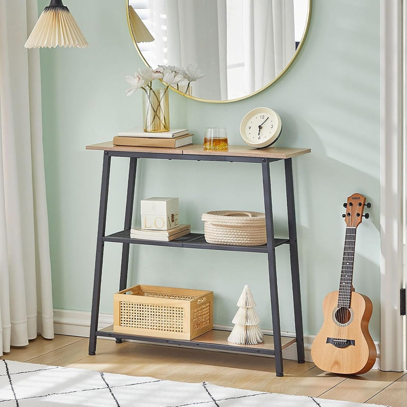 Console étroite avec tablettes de rangement à 3 niveaux, canapé d'entrée moderne avec structure en métal, grège et noir