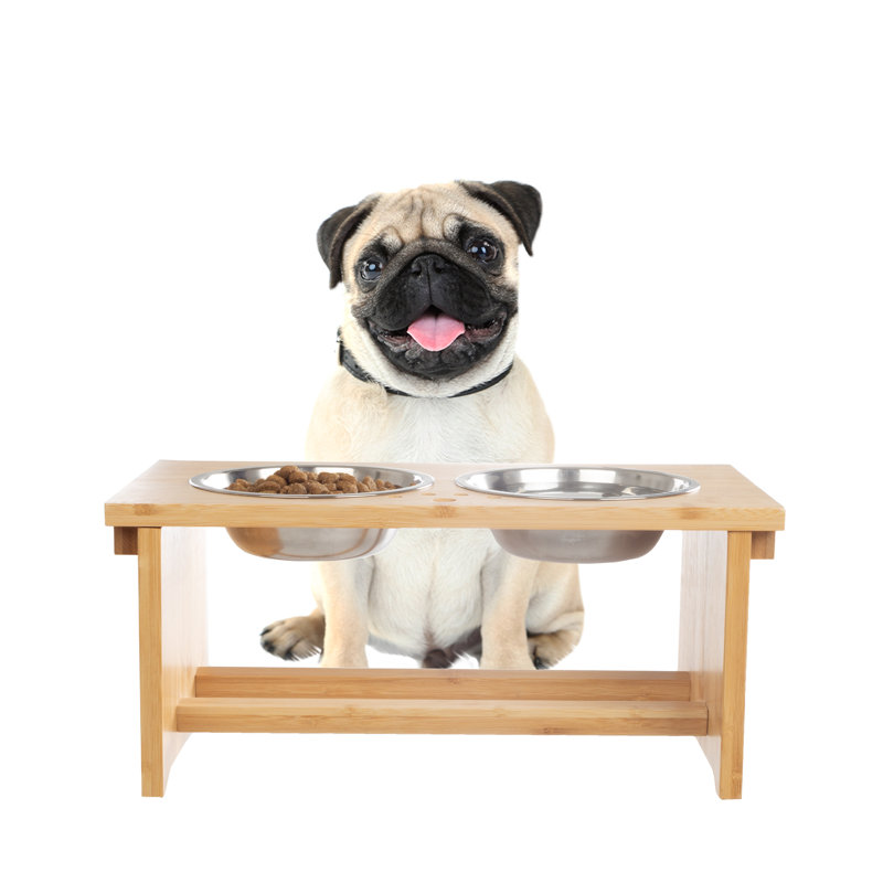 Elevated Bamboo Dog Feeding Station with Stainless Steel Bowls