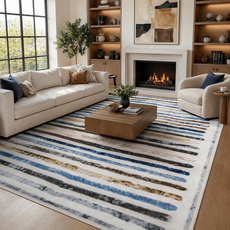 Tapis à rayures antidérapant coloré et moderne lavable à la machine en bleu / brun / jaune / crème pour le salon, la chambre à coucher, les tapis d'intérieur de couloir