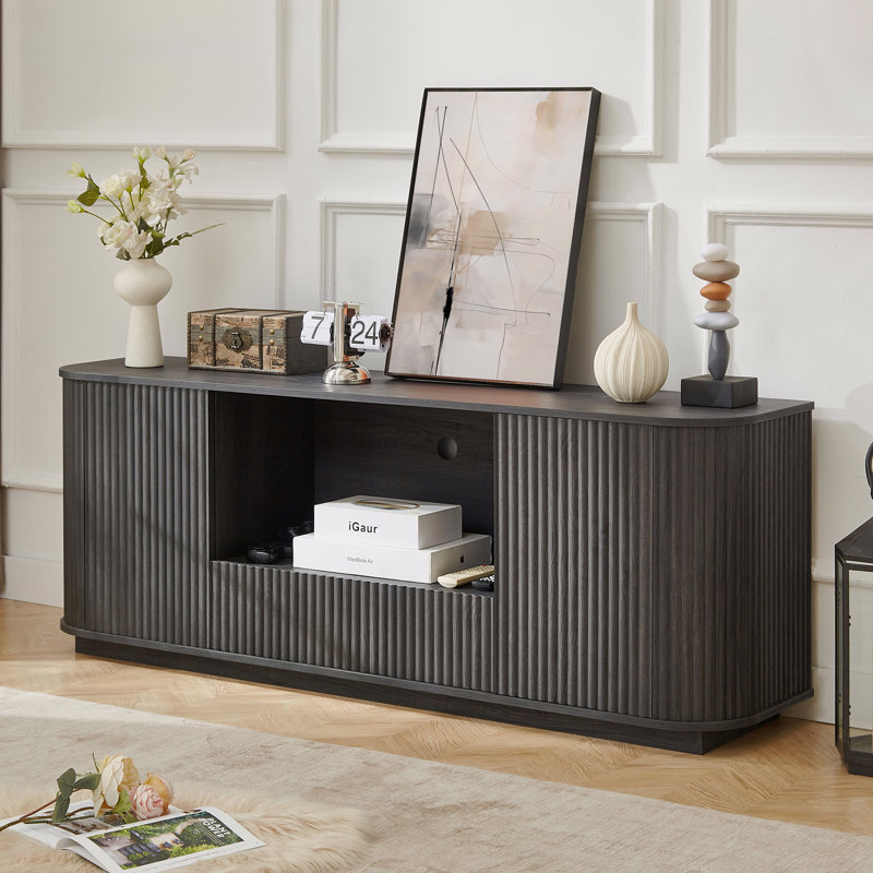 Meuble télé 64 po, buffet arrondi, armoire de rangement, armoire à rayures verticales en bois 64 po, Noir