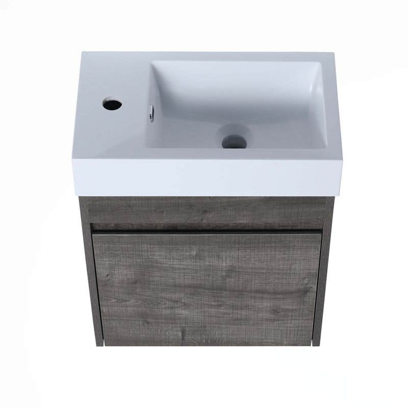 Meuble-lavabo flottant mural avec lavabo, Chêne gris carreauté
