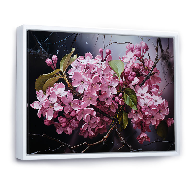 Noir, énigme, charme lilas rose sur toile, Cadre flottant blanc, H 24 po x l 32 po