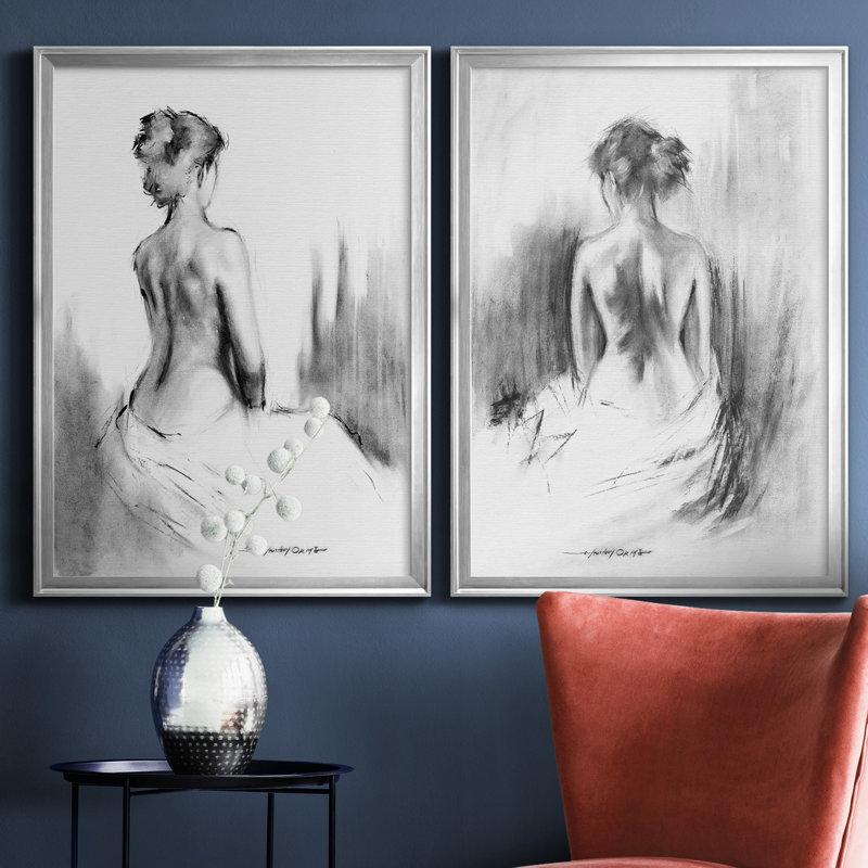 «Soft Silhouette I», ensemble de 2 reproductions d'art, H 30,5 po x l 85 po, Toile avec cadre érable, Argent argent
