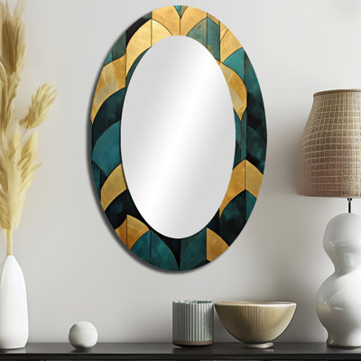 Emerald and Golden Arches V - Grand miroir mural ovale sur métal