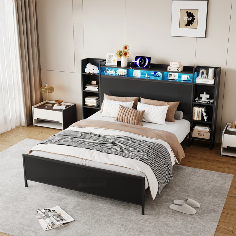 Cadre de lit simple avec station de charge USB, tête de rangement et lumière DEL, Twin