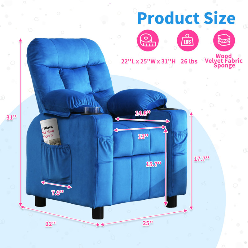 Kids 15.7'' Recliner with Cup Holder, Ergonomic Adjustable Velvet Lounge Chair with Collapsible Footrest & Side Pockets, Toddlers Kids Baby Sofa for Bedroom