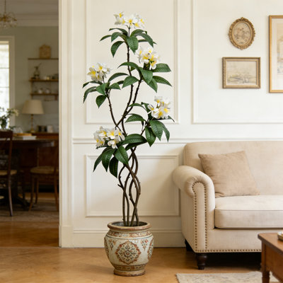 6Ft Artificial Plumeria Tree With Yellow And White Flowers, Fake Plumeria Tree With Lifelike Leaves In Plastic Pot, Indoor/Outdoor Use For Home, Office, Garden, Porch, Or Seasonal Decorations, Faux Plants For Housewarming Gift