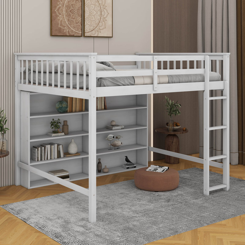 Lit mezzanine double avec tablettes, Blanc antique