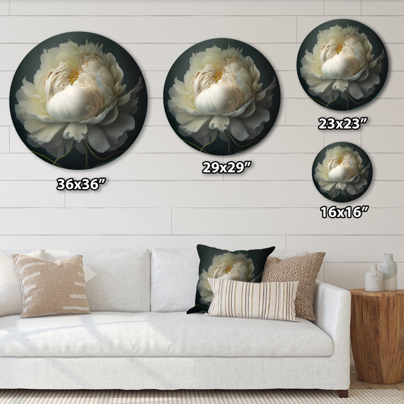 Pivoine blanche sur fond noir I - Art floral rond en métal, H 23 po x l 23 po