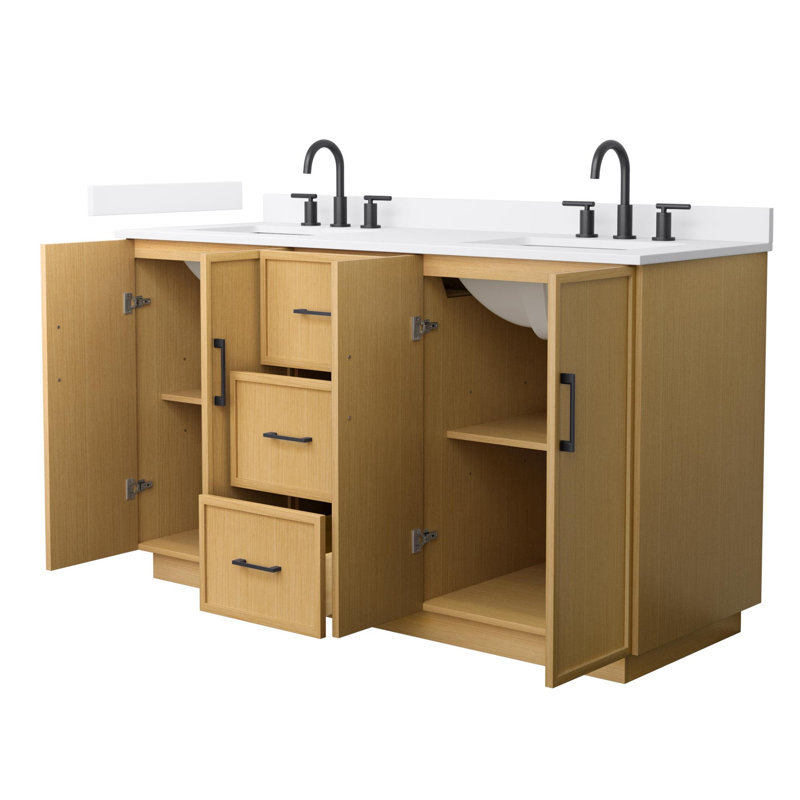 Ensemble de meuble-lavabo double 60 po Elan, Chêne clair avec bordure noir mat, Comptoir en marbre de culture blanc