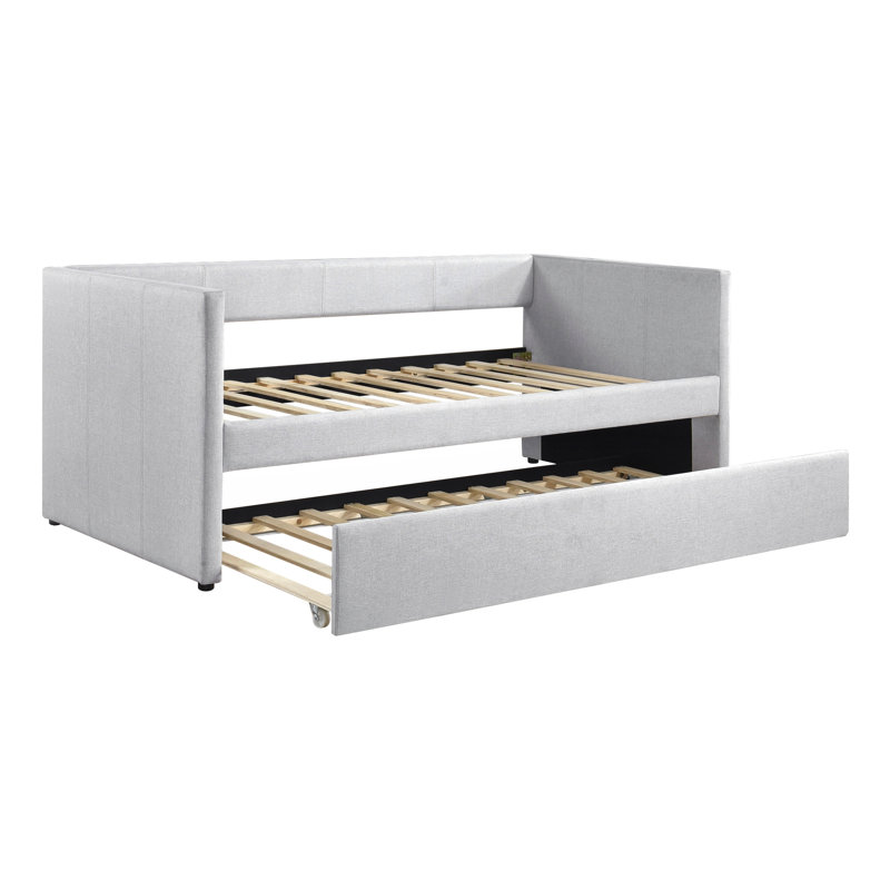 Lit de jour avec couchette coulissante, tissu gris, structure en bois, tissu Soothe Space moderne, Gris