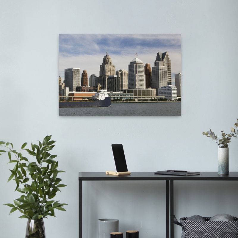 USA Michigan Wayne County Detroit Along Detroit River From Windsor Ontario Canada by Walter Bibikow - Wrapped Canvas Print