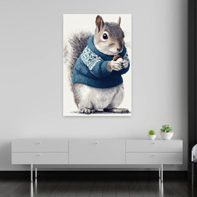 Cozy Squirrel Sweater Whimsical Contemporary Squirrel Forest Winter Wall Art Print 1 Piece Wrapped Canvas Wall Art