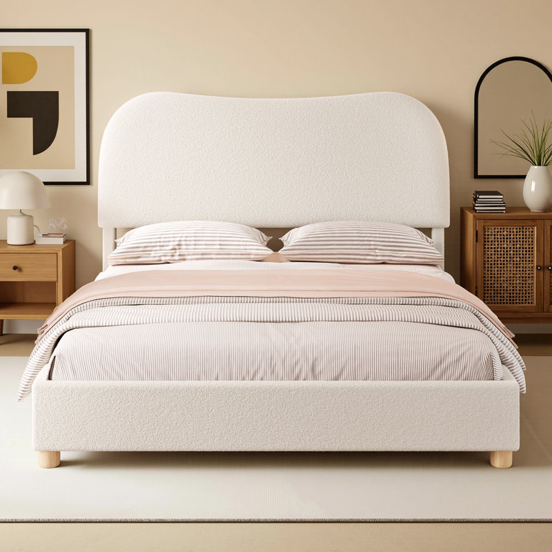 Lovensky Upholstered Wool Platform Bed , Cream, Queen