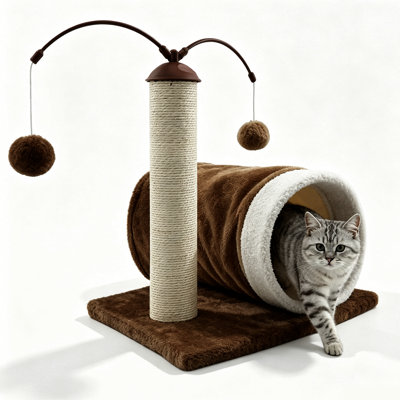 Arbre à chat multifonctionnel avec poteau à griffer en sisal, tunnel, lit et jouets à pompons suspendus - Centre d'activités d'intérieur pour chatons