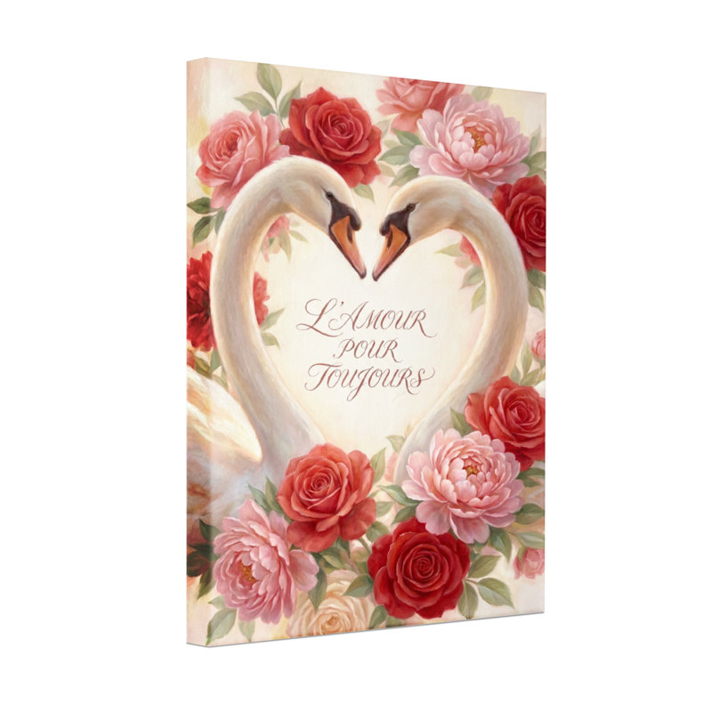 Plantes et fleurs, cygnes en forme de cœur avec roses et texte, H 30 po x l 20 po