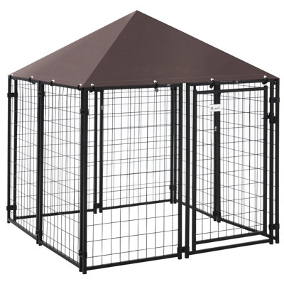 Chenil d'extérieur pour chien de 5 pi x 5 pi x 5 pi, clôture pour chien en acier soudé avec toile résistante à l'eau et aux rayons UV, noir de jais