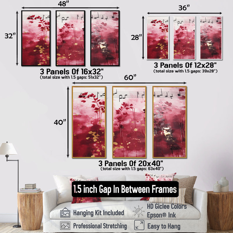 «Pink Music Notes Extravaganza» - musique, art mural, Cadre flottant noir, H 32 po x l 48 po x P 1 po