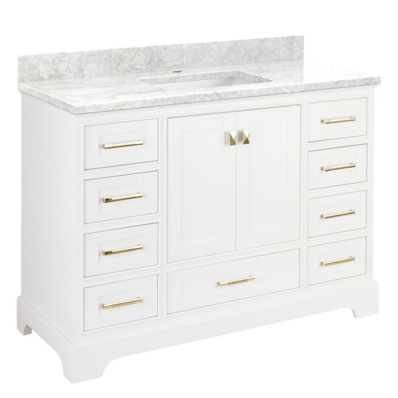 Quen 48" Freestanding Single Basin Vanity Set with Cabinet, Vanity Top, Single-Hole, Soft White, Carrara Marble