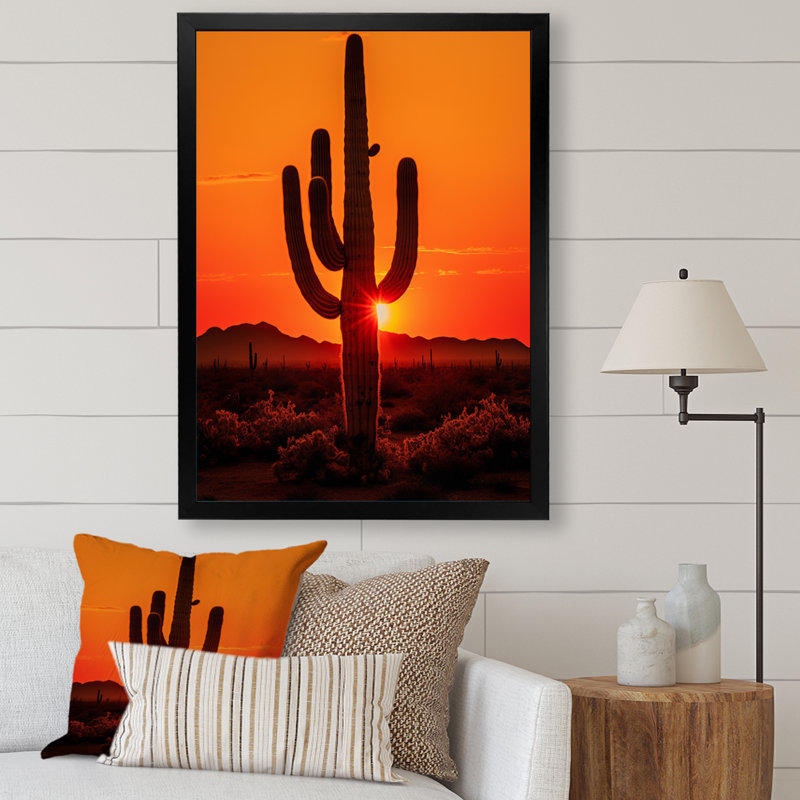 Lochview, orange, noir, cactus, désert, coucher de soleil, Saguaro - Cactus, art mural, Cadre simple noir