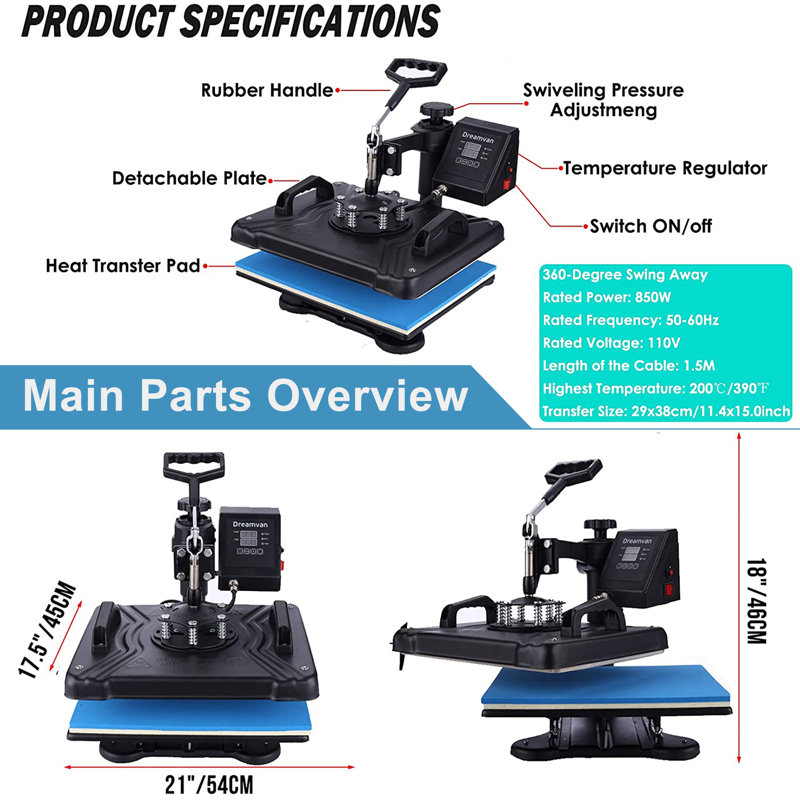 Presse à chaleur combinée 5 en 1 15 "x 12" Sublimation par transfert de chaleur pour t-shirts bricolage