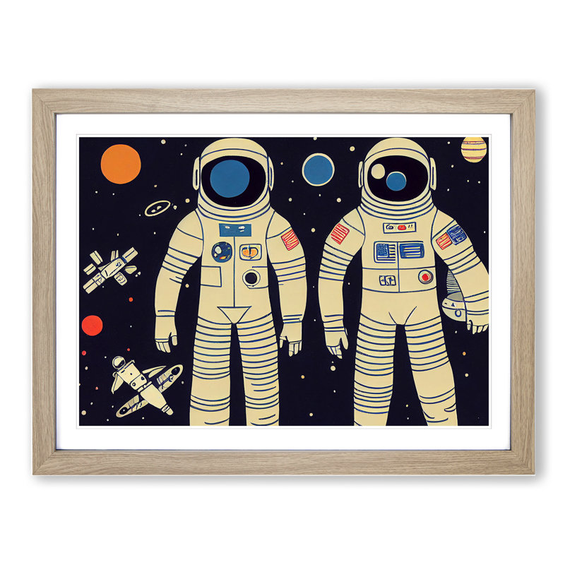 Two Retro Astronauts Vol.4 - Single Picture Frame Print, 46cm H x 64cm W x 2cm D, Oak Framed