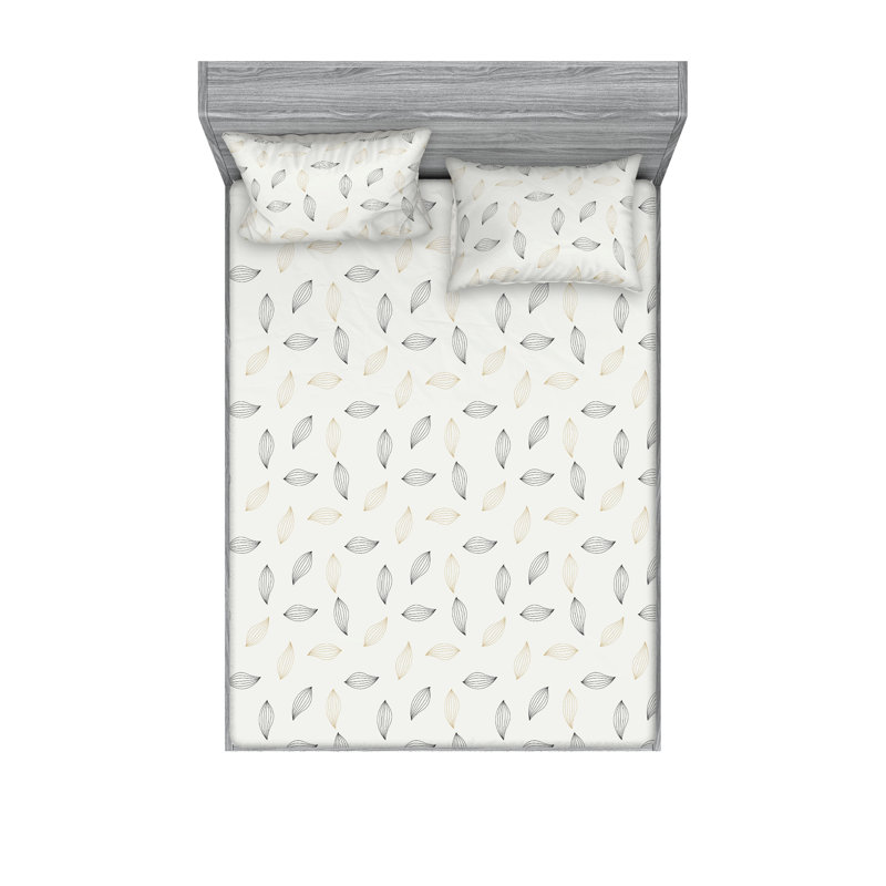 Ambesonne Fitted Sheet & Sham Stripes Lines Leafy Print Eggshell Camel and Black, Full Sheet Set with 2 Pillowcases