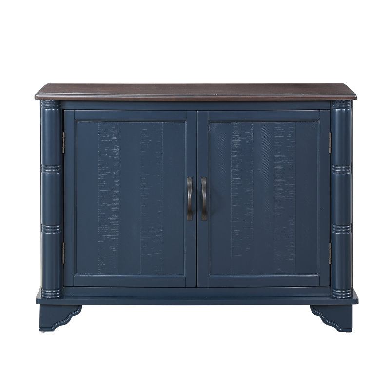 Console rétro de 40 po avec rangement réglable, pour le salon. Bleu marine et brun. Base en bois massif. Espace de travail spacieux avec tablette et brun