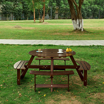 Table de pique-nique brune 8 avec 4 bancs intégrés. Trou pour parasol, pour patio, cour, bancs de jardin pour 8 personnes, imperméable, jardin facile à nettoyer, cour.