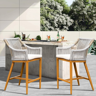 De 2 chaises de bar d'extérieur, structure en aluminium, accoudoirs et corde, coussinée, pour le jardin, la piscine, le patio, la cuisine, les chaises de groupe carrées de couleur kaki - dossier en corde, patio coussiné